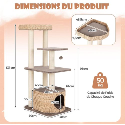 Arbre à Chat Bois 131 Cm, Arbre à Chat Design, 3 Griffoirs Chat En Sisal, Café