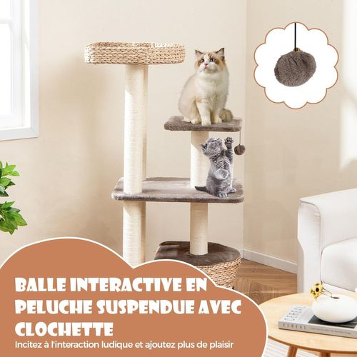 Arbre à Chat Bois 131 Cm, Arbre à Chat Design, 3 Griffoirs Chat En Sisal, Café