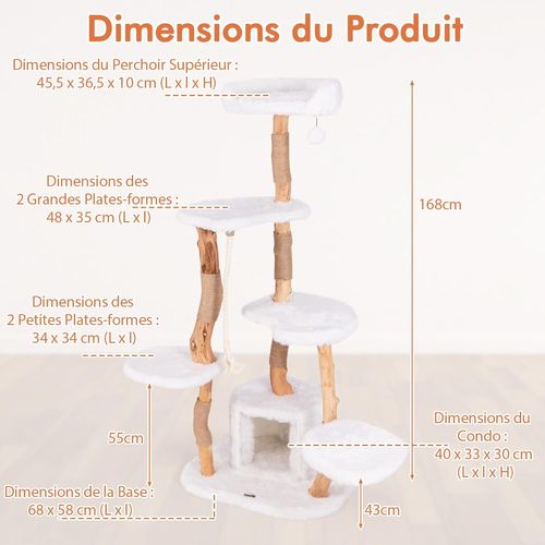 Arbre à Chat XXL 168 Cm, Arbre à Chat Bois, 5 Plateformes, 3 Poteaux à Griffer En Jute,68×58×168 Cm