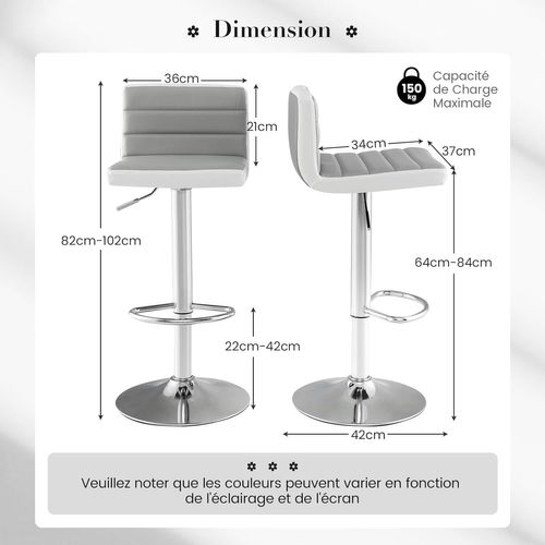 Tabourets De Bar Pivotants Lot De 2, Chaise De Bar Pu Avec Dossier Haut, Hauteur Réglable 64-84cm