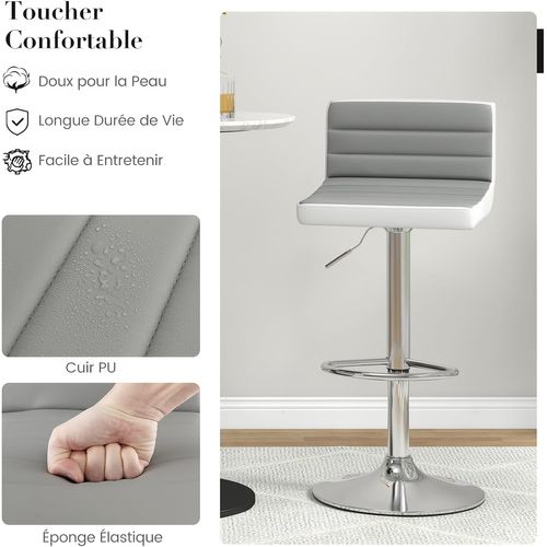 Tabourets De Bar Pivotants Lot De 2, Chaise De Bar Pu Avec Dossier Haut, Hauteur Réglable 64-84cm