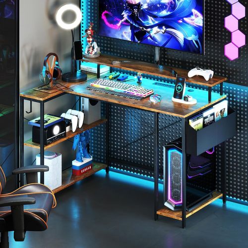 Bureau D'angle Ordinateur 120 Cm LED, Bureau Gaming Avec Ports USB (marron Rustique)