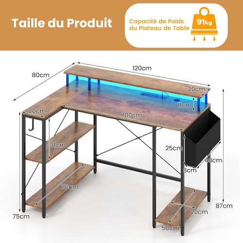 Bureau D'angle Ordinateur 120 Cm LED, Bureau Gaming Avec Ports USB (marron Rustique)