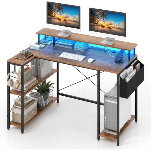Bureau D'angle Ordinateur 120 Cm LED, Bureau Gaming Avec Ports USB (marron Rustique)