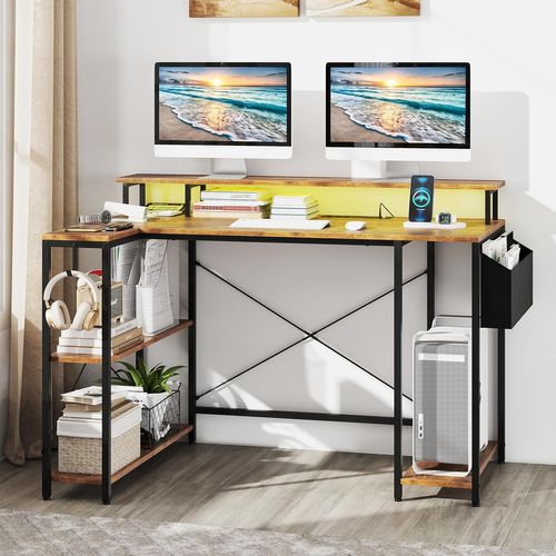 Bureau D'angle Ordinateur 120 Cm LED, Bureau Gaming Avec Ports USB (marron Rustique)