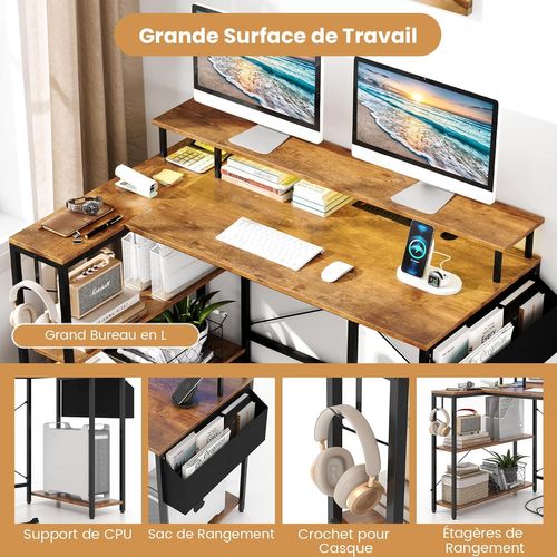 Bureau D'angle Ordinateur 120 Cm LED, Bureau Gaming Avec Ports USB (marron Rustique)