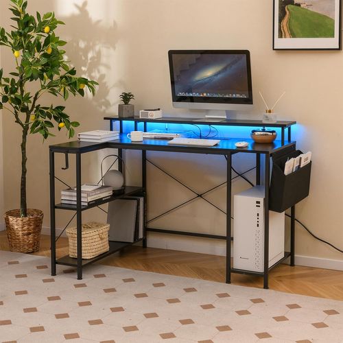 Bureau D'angle Ordinateur 120 Cm LED, Bureau Gaming Avec Ports USB Et Prise De Courant(noir)
