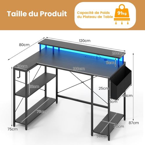 Bureau D'angle Ordinateur 120 Cm LED, Bureau Gaming Avec Ports USB Et Prise De Courant(noir)