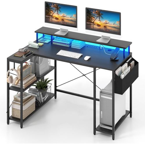 Bureau D'angle Ordinateur 120 Cm LED, Bureau Gaming Avec Ports USB Et Prise De Courant(noir)