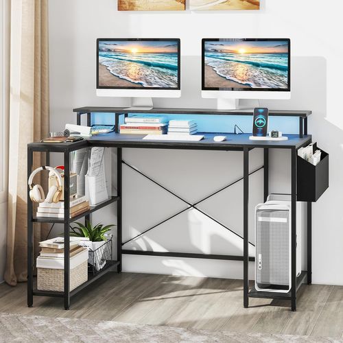 Bureau D'angle Ordinateur 120 Cm LED, Bureau Gaming Avec Ports USB Et Prise De Courant(noir)