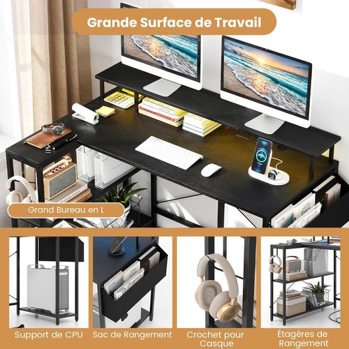 Bureau D'angle Ordinateur 120 Cm LED, Bureau Gaming Avec Ports USB Et Prise De Courant(noir)