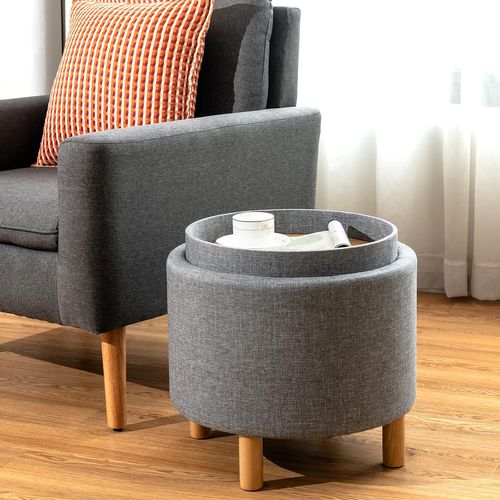 Pouf Rangement Rond, Pouf Coffre Avec Plateau, Repose-pied Salon, Tissu Pe 44 × 44 × 42 Cm (gris)
