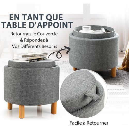 Pouf Rangement Rond, Pouf Coffre Avec Plateau, Repose-pied Salon, Tissu Pe 44 × 44 × 42 Cm (gris)