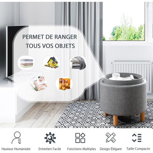 Pouf Rangement Rond, Pouf Coffre Avec Plateau, Repose-pied Salon, Tissu Pe 44 × 44 × 42 Cm (gris)