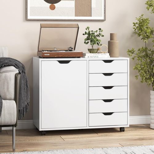Caisson Bureau à Roulettes 5 Tiroirs, Étagère Réglable, Caisson De Rangemen,77,5 X 40 X 64 Cm,blanc
