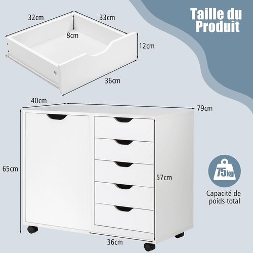 Caisson Bureau à Roulettes 5 Tiroirs, Étagère Réglable, Caisson De Rangemen,77,5 X 40 X 64 Cm,blanc