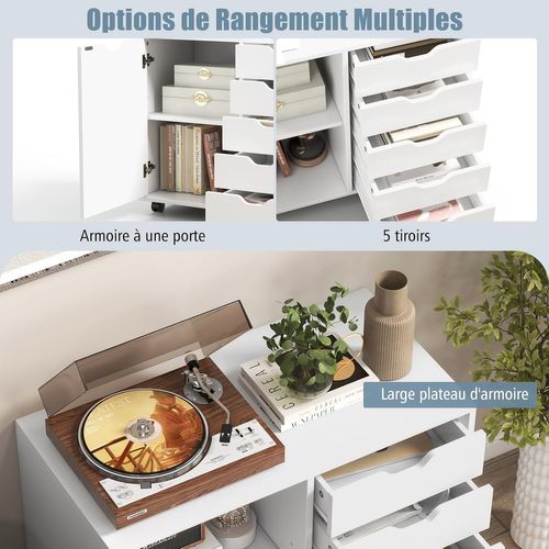 Caisson Bureau à Roulettes 5 Tiroirs, Étagère Réglable, Caisson De Rangemen,77,5 X 40 X 64 Cm,blanc