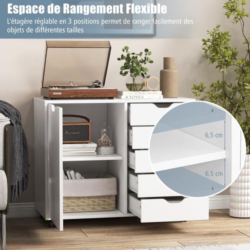 Caisson Bureau à Roulettes 5 Tiroirs, Étagère Réglable, Caisson De Rangemen,77,5 X 40 X 64 Cm,blanc