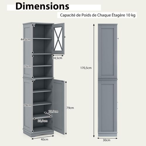 Armoire De Salle De Bain De 170 Cm De Haute, Meuble De Rangement, 30 X 40 X 170 Cm, Gris