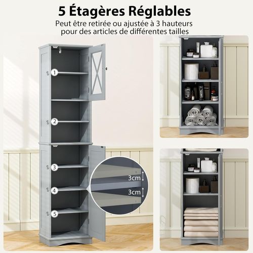 Armoire De Salle De Bain De 170 Cm De Haute, Meuble De Rangement, 30 X 40 X 170 Cm, Gris