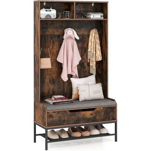 Porte Manteaux Avec Banc à Chaussures Rembourré, Meuble D'entrée 170 Cm (marron Rustique)