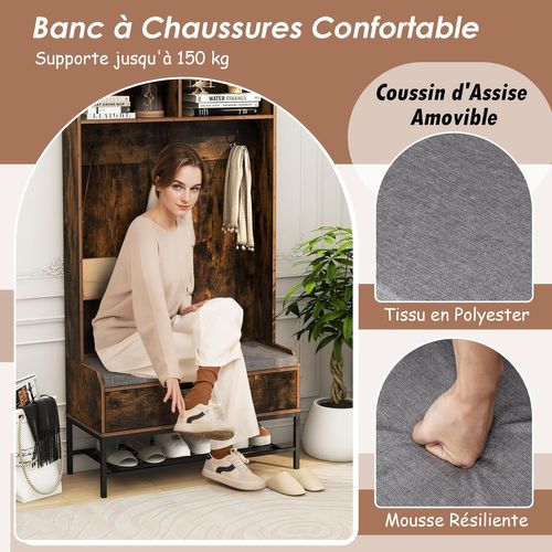 Porte Manteaux Avec Banc à Chaussures Rembourré, Meuble D'entrée 170 Cm (marron Rustique)