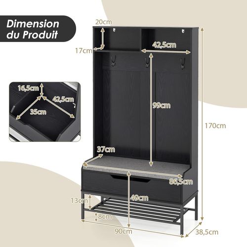 Porte Manteaux Avec Banc à Chaussures Rembourré, Meuble D'entrée 170 Cm, 3 Patères Double (noir)