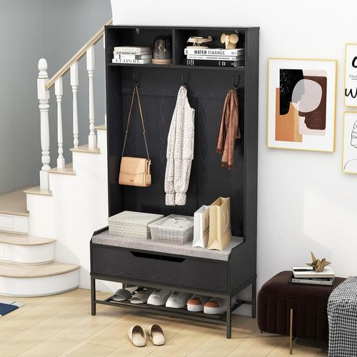 Porte Manteaux Avec Banc à Chaussures Rembourré, Meuble D'entrée 170 Cm, 3 Patères Double (noir)