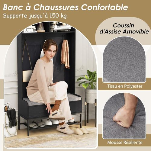 Porte Manteaux Avec Banc à Chaussures Rembourré, Meuble D'entrée 170 Cm, 3 Patères Double (noir)