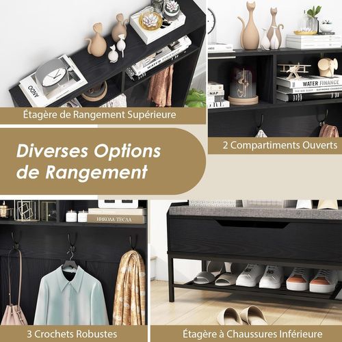 Porte Manteaux Avec Banc à Chaussures Rembourré, Meuble D'entrée 170 Cm, 3 Patères Double (noir)