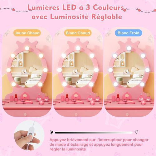 Coiffeuse Enfant Fille Avec Miroir Et Lumière LED à 3 Couleurs,Table De Maquillage Et Chaise,Rose