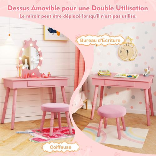 Coiffeuse Enfant Fille Avec Miroir Et Lumière LED à 3 Couleurs,Table De Maquillage Et Chaise,Rose