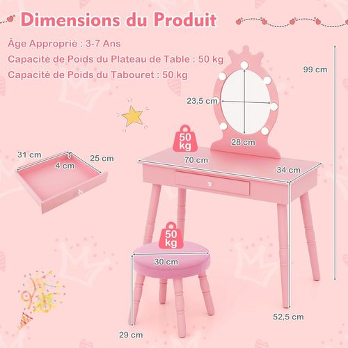 Coiffeuse Enfant Fille Avec Miroir Et Lumière LED à 3 Couleurs,Table De Maquillage Et Chaise,Rose
