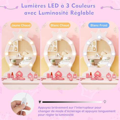 Coiffeuse Enfant Fille Avec Miroir Et Lumière LED à 3 Couleurs,Table De Maquillage Et Chaise,Blanc