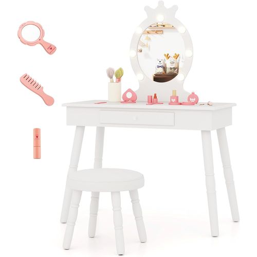 Coiffeuse Enfant Fille Avec Miroir Et Lumière LED à 3 Couleurs,Table De Maquillage Et Chaise,Blanc