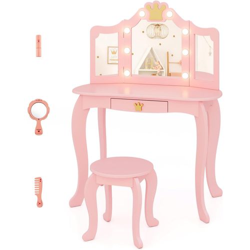 Coiffeuse Enfant Fille Avec Lumière LED à 3 Couleurs Et Miroir à Trois Volets, Charge 50/50kg