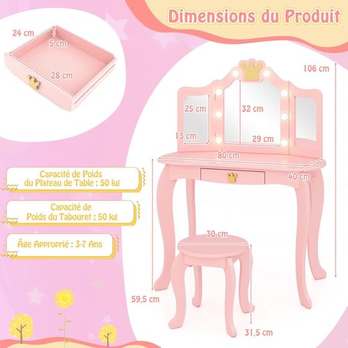 Coiffeuse Enfant Fille Avec Lumière LED à 3 Couleurs Et Miroir à Trois Volets, Charge 50/50kg