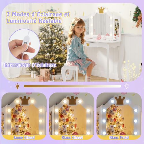 Coiffeuse Enfant Fille Avec Lumière LED à 3 Couleurs Et Miroir à Trois Volets, Charge 50kg