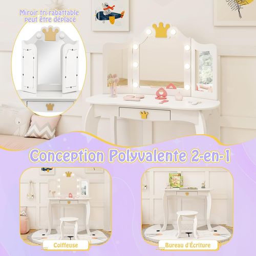 Coiffeuse Enfant Fille Avec Lumière LED à 3 Couleurs Et Miroir à Trois Volets, Charge 50kg