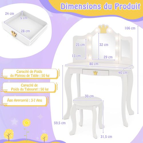 Coiffeuse Enfant Fille Avec Lumière LED à 3 Couleurs Et Miroir à Trois Volets, Charge 50kg