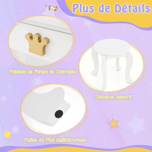 Coiffeuse Enfant Fille Avec Lumière LED à 3 Couleurs Et Miroir à Trois Volets, Charge 50kg