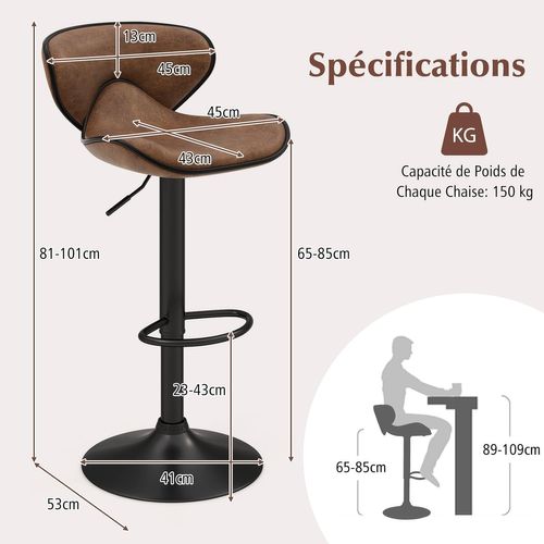 Tabourets De Bar Pivotants Lot De 2, Chaise De Bar Avec Repose-pieds, Marron Rustique