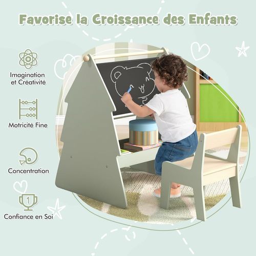Tableau Enfant Double Face Avec Chaise Et Forme D’arbre, Chevalet Enfant En Bois, Charge 10/60kg