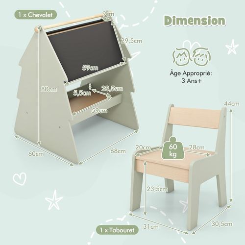 Tableau Enfant Double Face Avec Chaise Et Forme D’arbre, Chevalet Enfant En Bois, Charge 10/60kg
