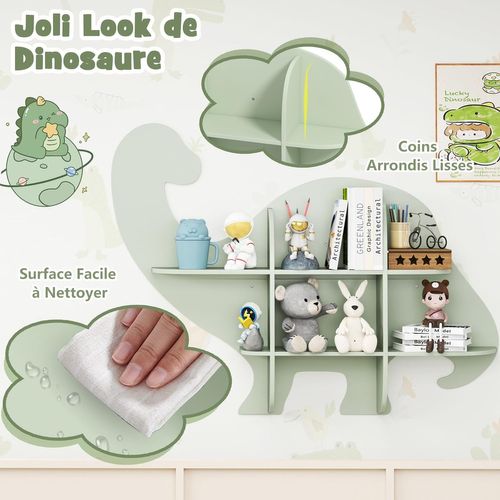Bibliothèque Enfant Murale à 2 Niveaux En Forme Dinosaure Avec 6 Étagères Ouvertes, Charge 20kg