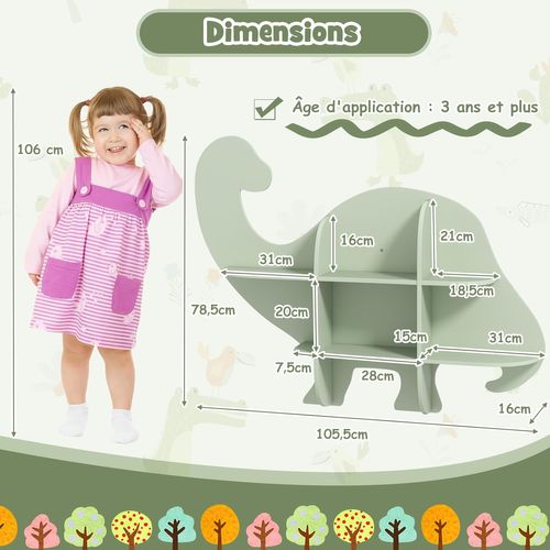 Bibliothèque Enfant Murale à 2 Niveaux En Forme Dinosaure Avec 6 Étagères Ouvertes, Charge 20kg