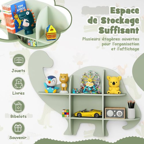 Bibliothèque Enfant Murale à 2 Niveaux En Forme Dinosaure Avec 6 Étagères Ouvertes, Charge 20kg