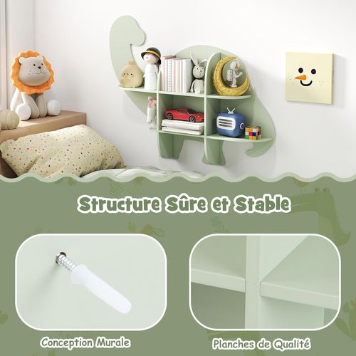 Bibliothèque Enfant Murale à 2 Niveaux En Forme Dinosaure Avec 6 Étagères Ouvertes, Charge 20kg