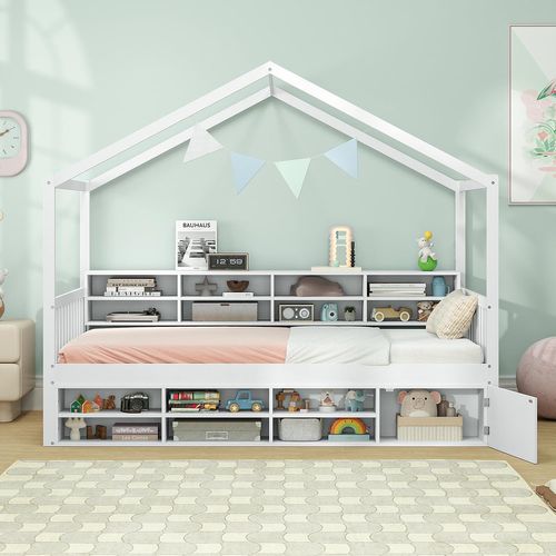 Lit Cabane Enfant 90x200 Cm, Lit D'enfants En Bois Avec 14 Cubes De Rangement Et Armoire, Blanc