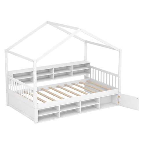 Lit Cabane Enfant 90x200 Cm, Lit D'enfants En Bois Avec 14 Cubes De Rangement Et Armoire, Blanc